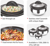 Thumbnail for Milton Clarion Jr Thermo Stainless Steel Insulated Casserole Keep Hot/Cold Serving Dish Gift Set 600/ 1500/ 2000 - Glass Lid