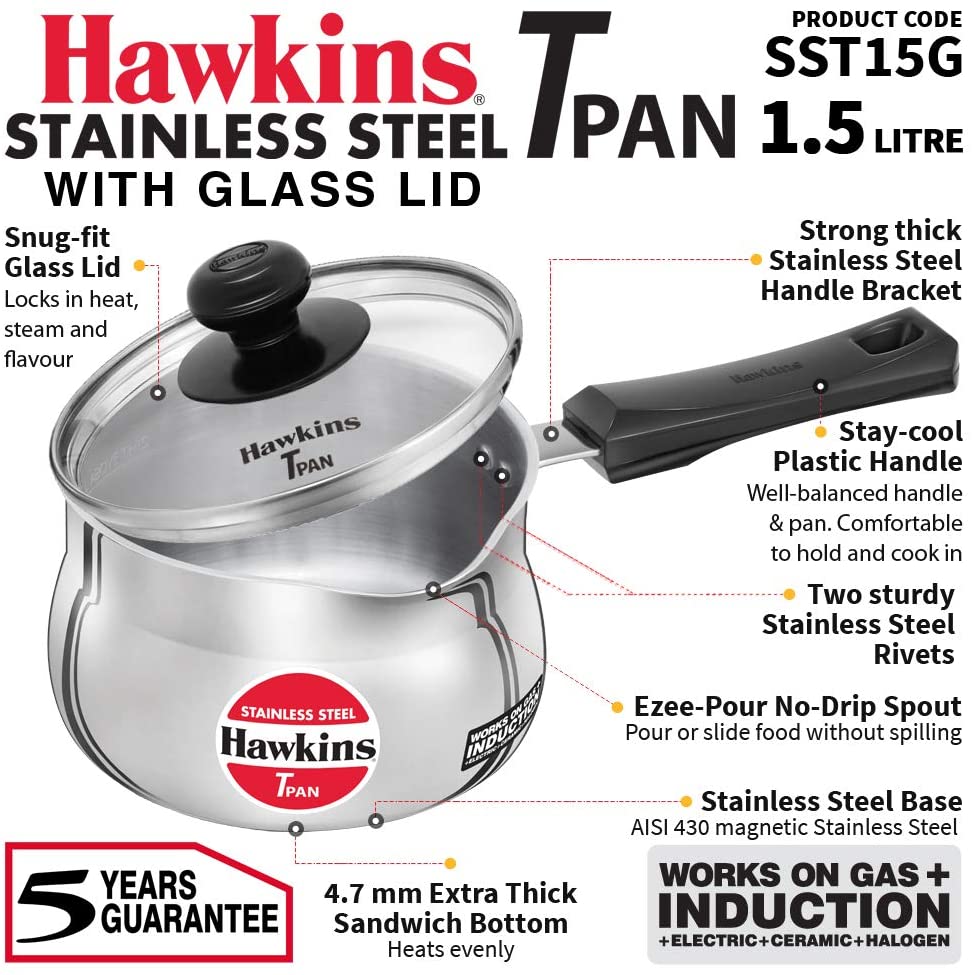 Hawkins Tpan Stainless Steel saucepan Tea Pan, with Lid, 1.5 Liters