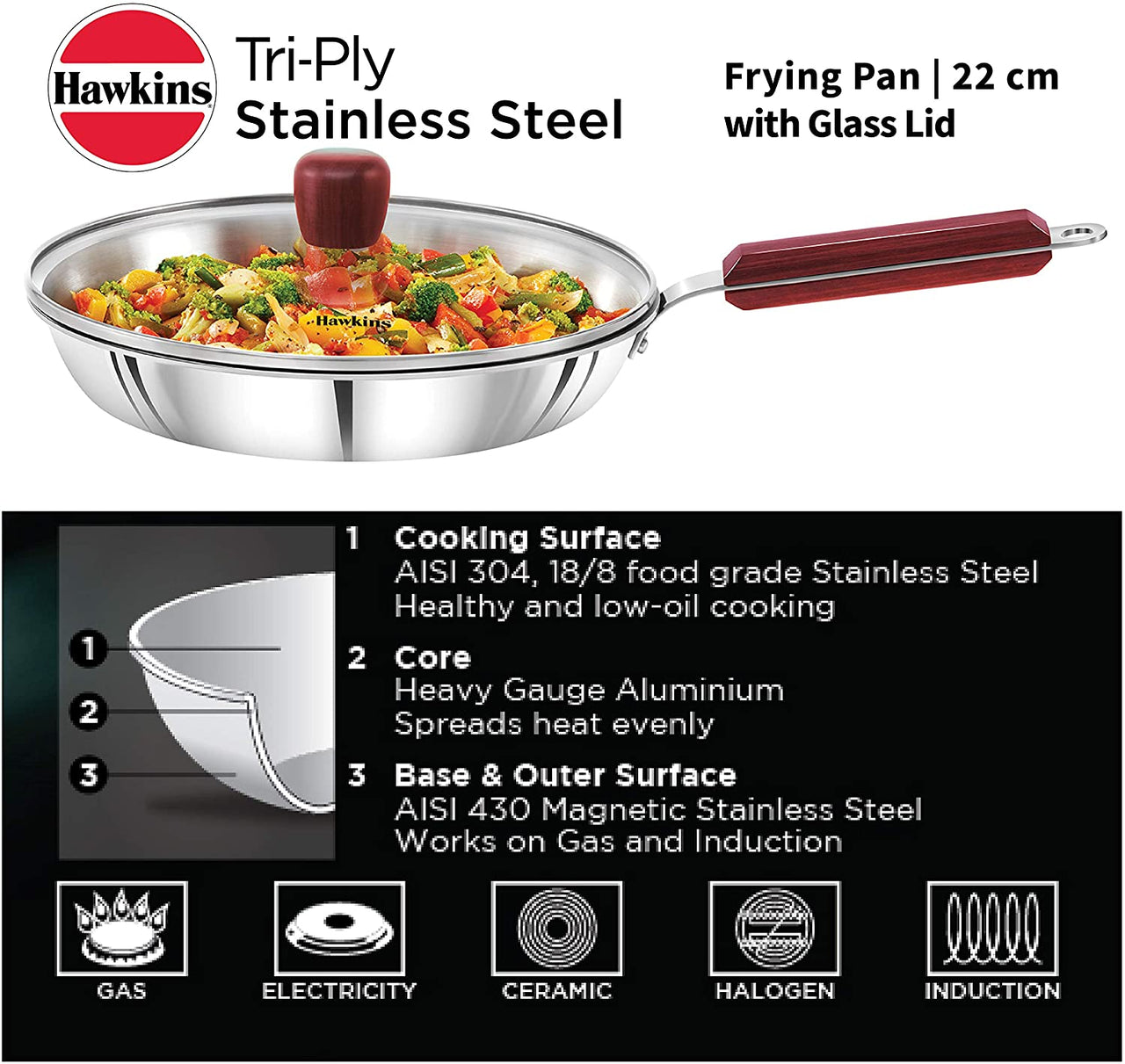 Hawkins Tri-ply Stainless Steel Frying Pan 22 cm with Glass Lid