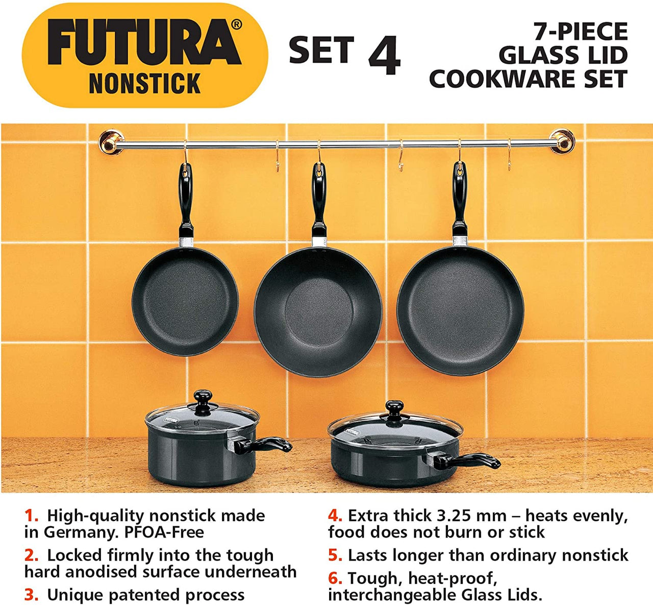 Hawkins Futura Non-Stick Cookware, 7 Pieces Set (QS5), 2 LTR, 3 LTR, 3.25 LTR , Black (NSET4)