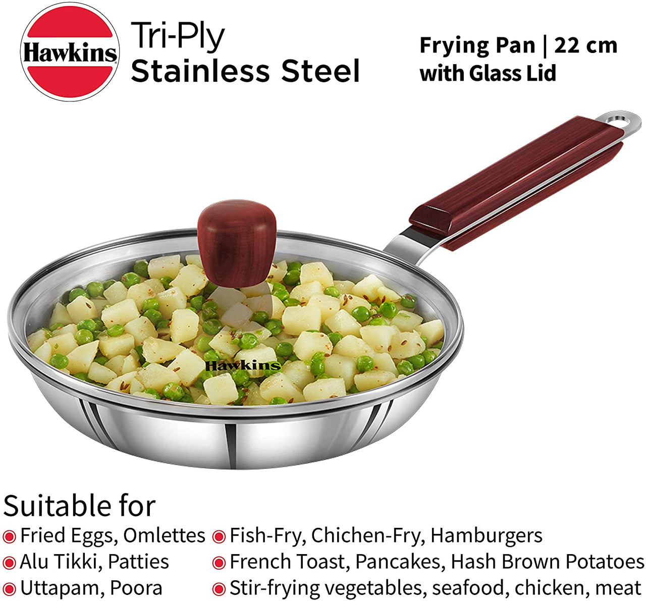 Hawkins Tri-ply Stainless Steel Frying Pan 22 cm with Glass Lid