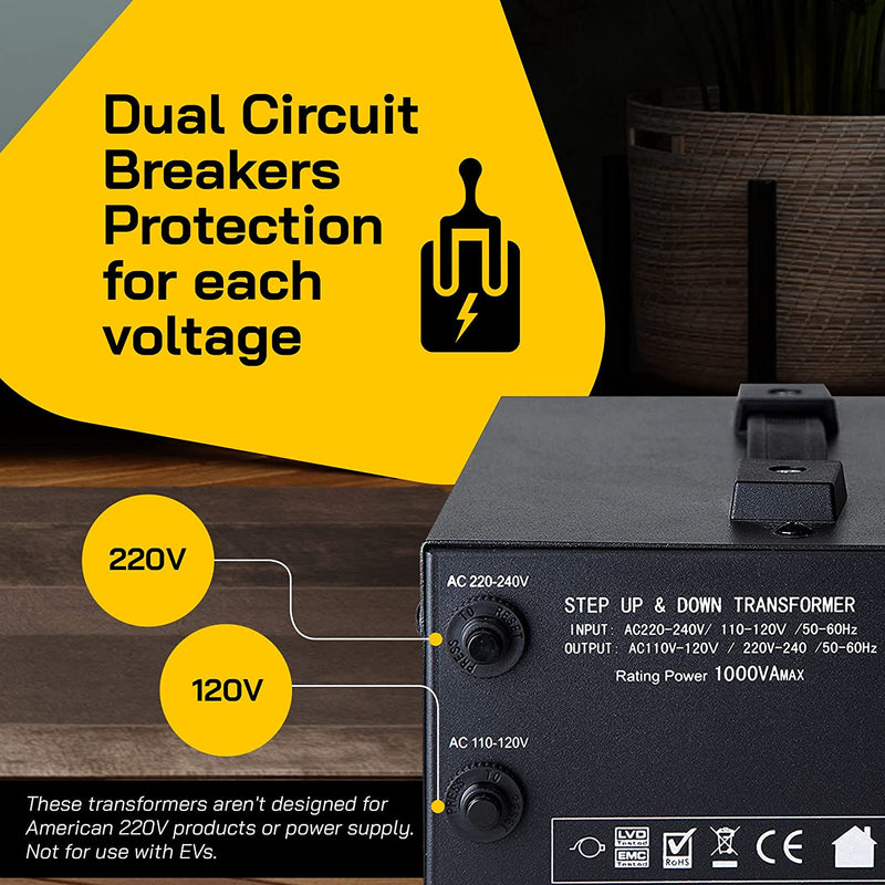 ELC 1000 Watt Voltage Converter Transformer - Dual Circuit Breaker Protection T-1000