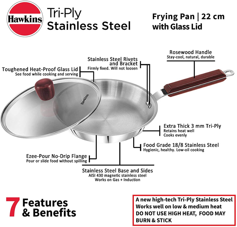 Hawkins Tri-ply Stainless Steel Frying Pan 22 cm with Glass Lid