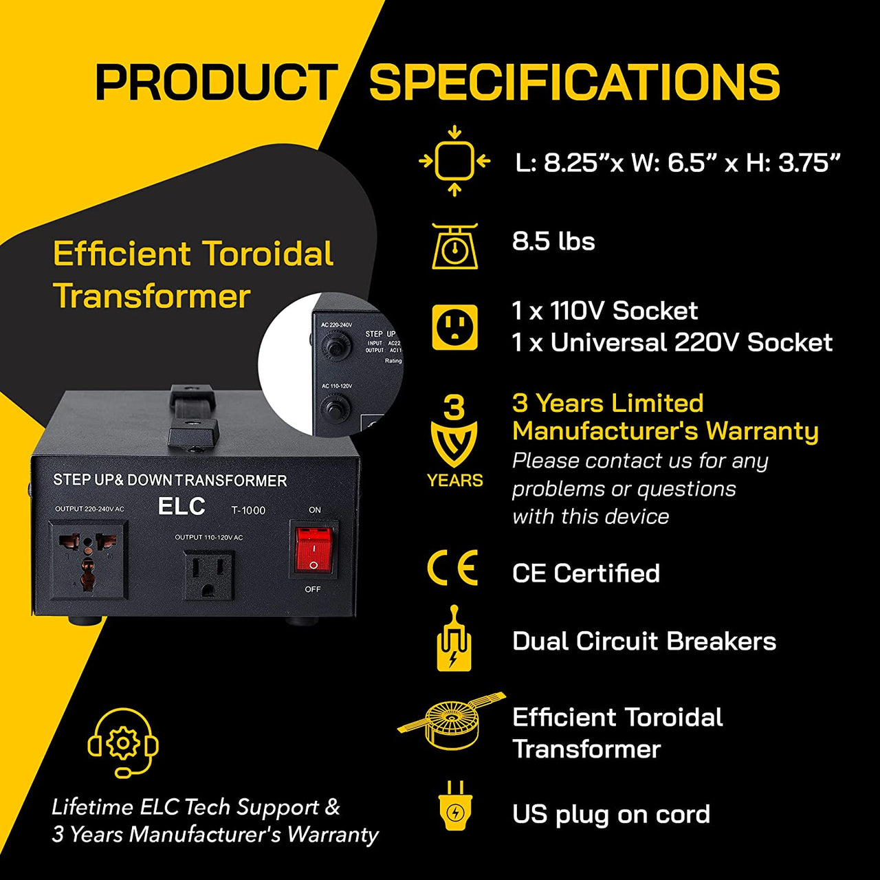 ELC 1000 Watt Voltage Converter Transformer - Dual Circuit Breaker Protection T-1000