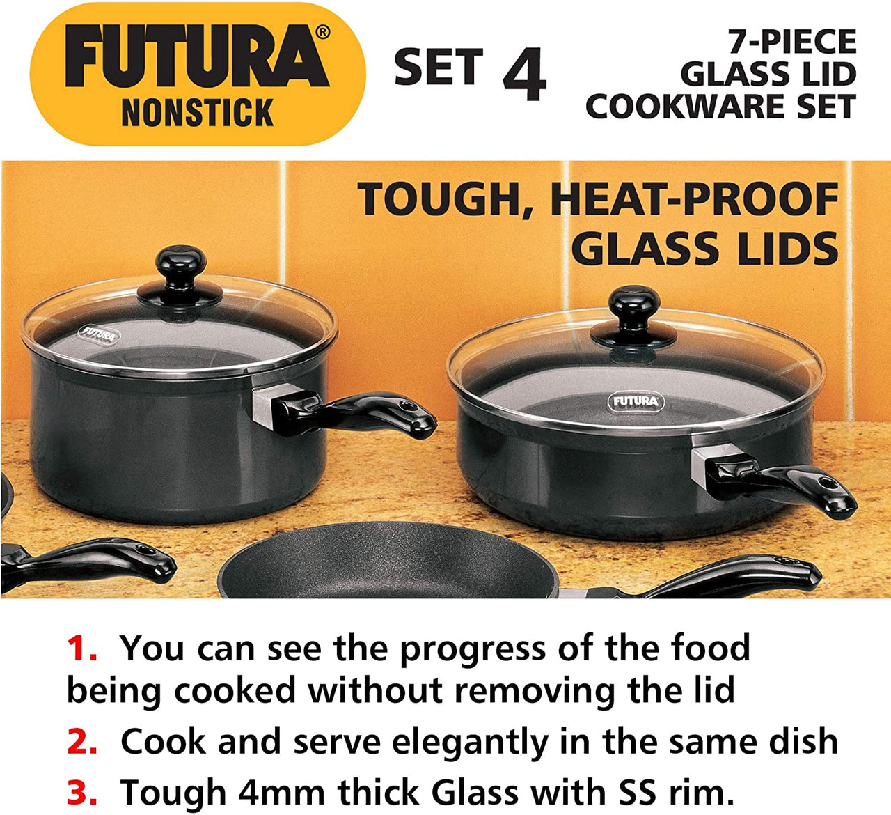 Hawkins Futura Non-Stick Cookware, 7 Pieces Set (QS5), 2 LTR, 3 LTR, 3.25 LTR , Black (NSET4)