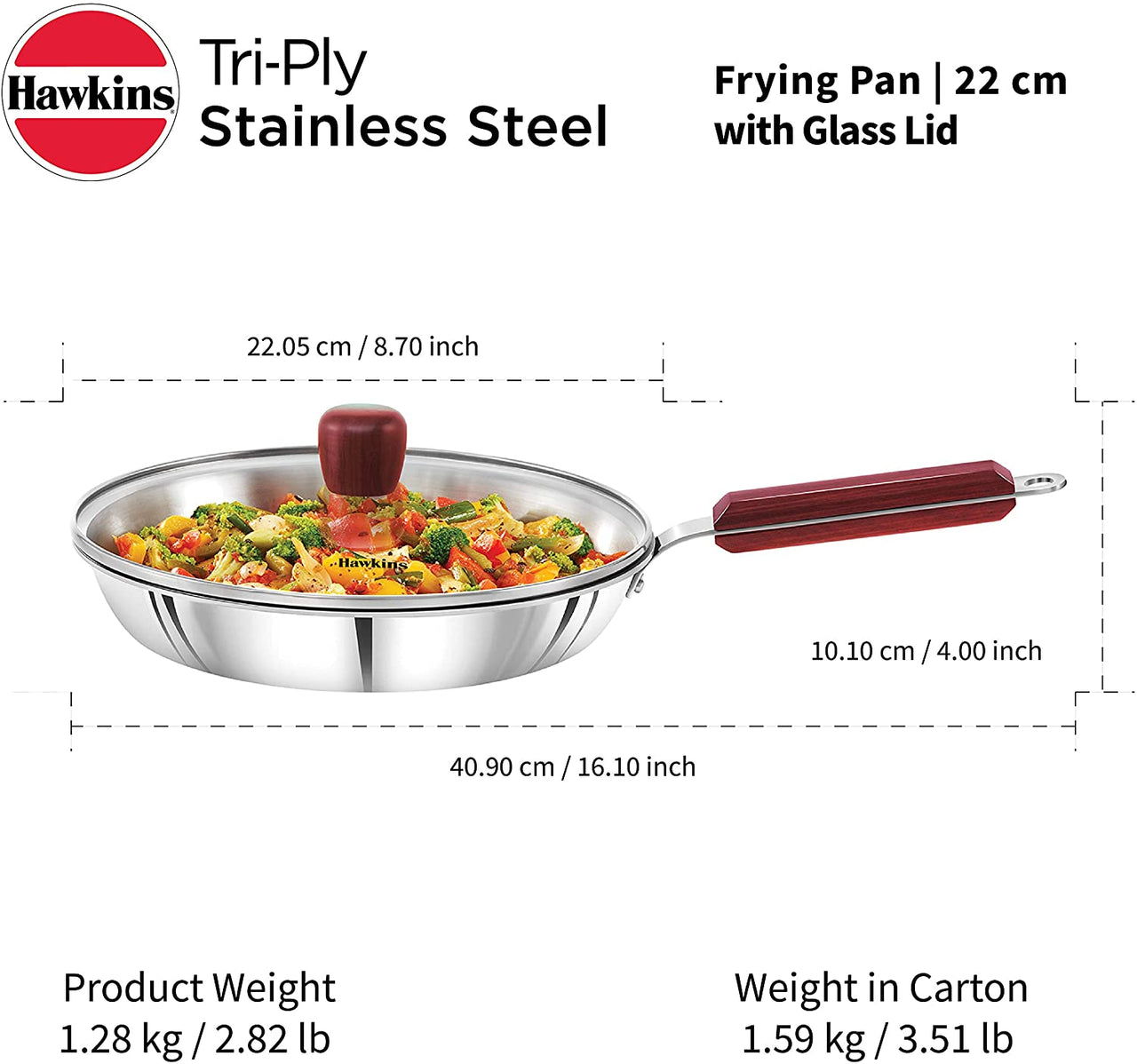 Hawkins Tri-ply Stainless Steel Frying Pan 22 cm with Glass Lid