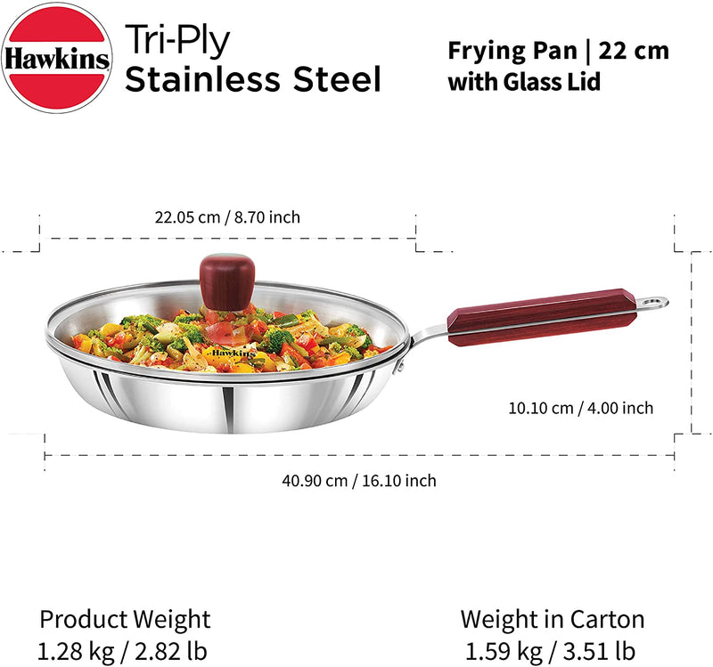 Hawkins Tri-ply Stainless Steel Frying Pan 22 cm with Glass Lid