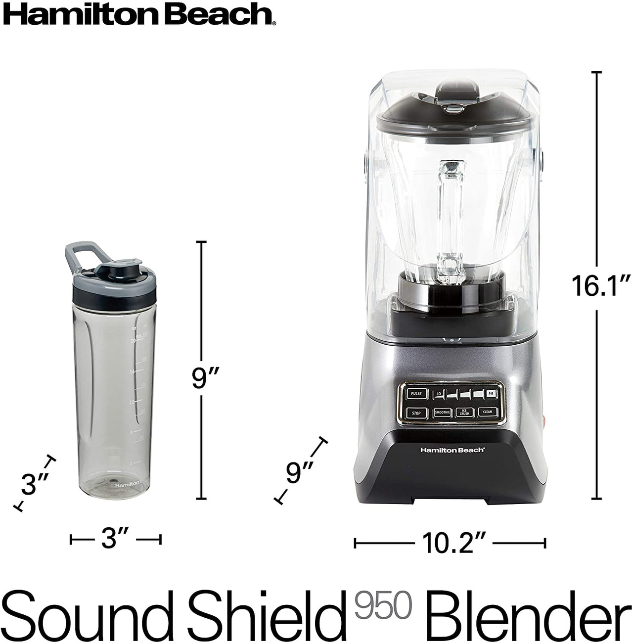 Hamilton Beach SoundShield 5-Speed Blender, 950 Watts, Ice Crush and Clean Programs, 52oz Glass + Portable Jars, Blends Food, Shakes and Smoothies (53602c)