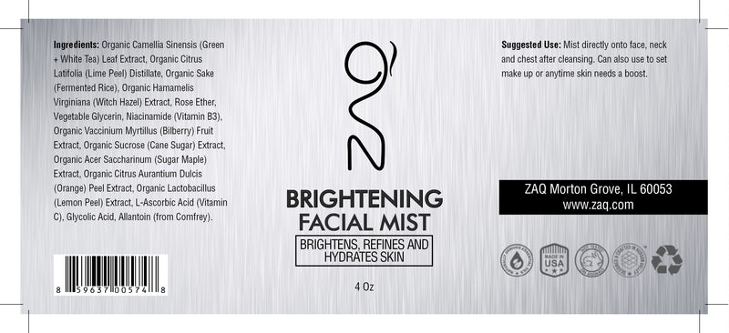 ZAQ Brightening Organic Sake + Lime Facial Mist 4oz - Brightens, Refines And Hydrates Skin - Popularelectronics.com