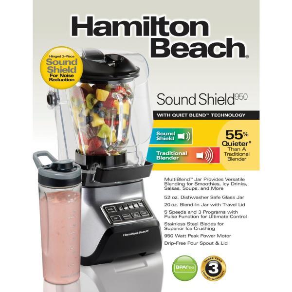 Hamilton Beach SoundShield 5-Speed Blender, 950 Watts, Ice Crush and Clean Programs, 52oz Glass + Portable Jars, Blends Food, Shakes and Smoothies (53602c)